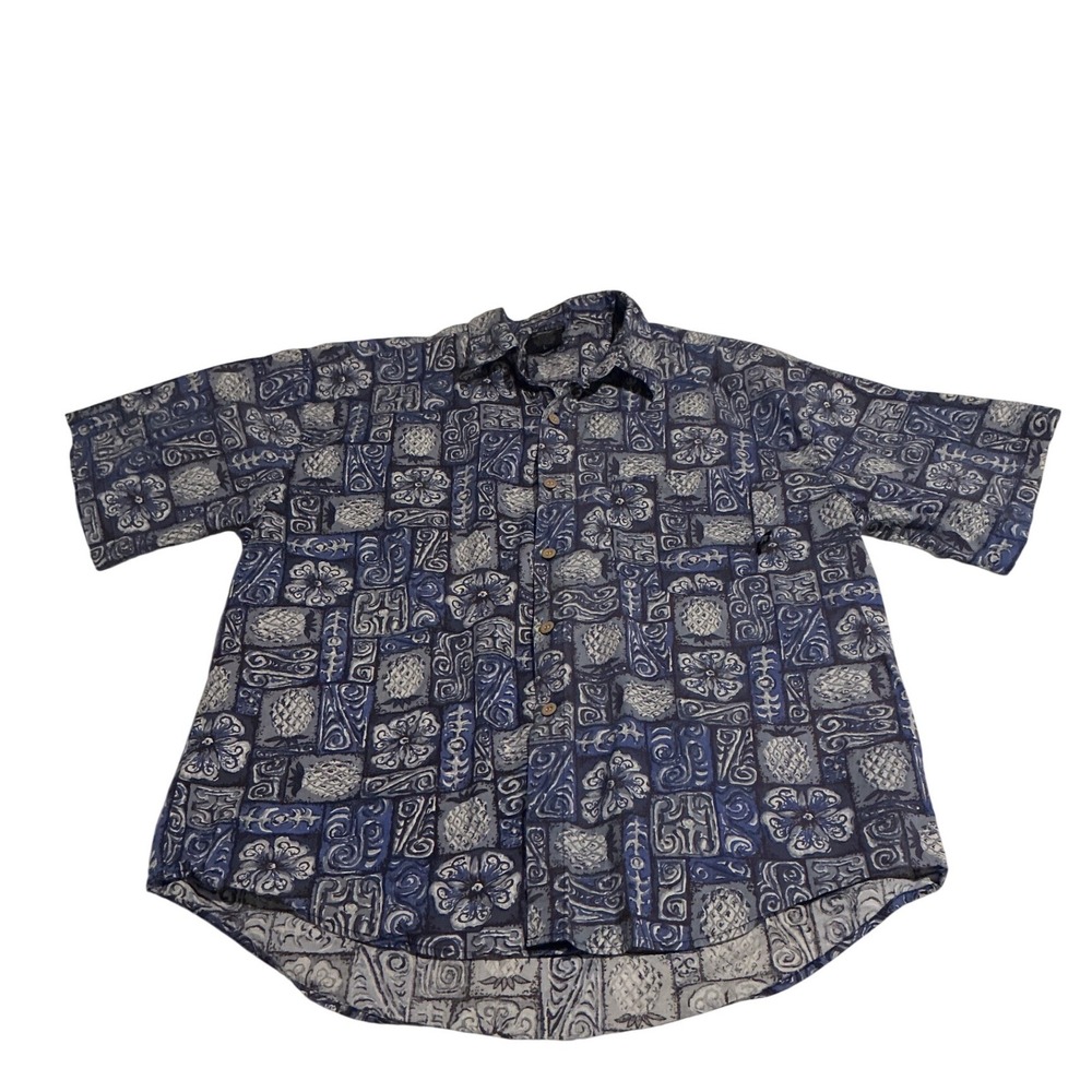 Island Soul Button Down Shirt Mens L Blue Excellent Tropical Pineapple Cotton